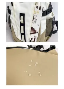 Rucksack Detail zeigt wasserdichte Stoffleistung und praktische Seitentaschenkapazität.