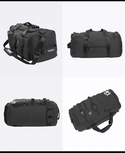 Black grid travel duffel bag gym bag detail view, large capacity multi-compartment storage.