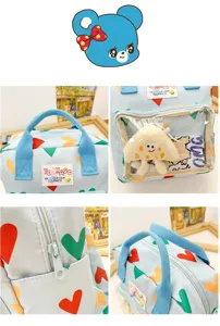 Detailed view of the cute blue backpack with colorful heart patterns and clear pocket.