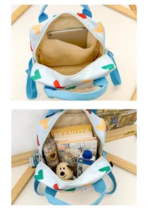 Cute light blue casual backpack with colorful heart pattern, spacious interior storage detail view.