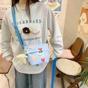 Cute canvas crossbody bag for women, casual summer daily storage shoulder bucket bag.