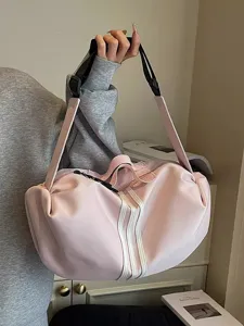 Lightweight pink travel duffel bag with white stripes, large capacity gym yoga crossbody bag.