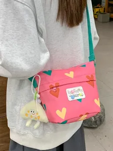 Cute Nylon Heart Print Crossbody Bag Sweet Small Bucket Shoulder Bag For Women Kids Casual Daily Storage Messenger Bag