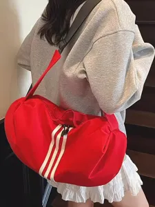 Red duffel bag sports travel gym shoulder bag with three white stripes casual large capacity