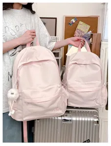 Casual solid color pink school backpack set for women student daily travel lightweight bookbag
