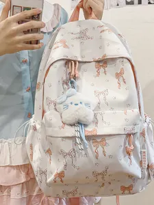 Japanese Style Large Capacity Nylon Backpack Ribbon Bowknot Printed Student School Bag Travel Rucksack For Girls Women Sweet Aesthetic Bag