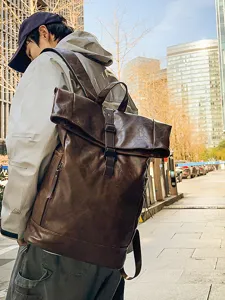 Vintage PU Leather Roll Top Backpack For Men Women Large Capacity Casual Travel Laptop Bookbag Stylish Commuter Daypack