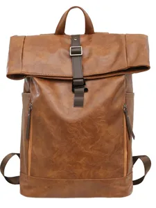 Vintage PU leather roll-top backpack for men and women, stylish casual travel book bag.
