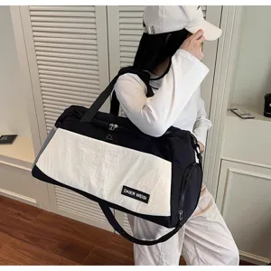 Large capacity black white travel duffel bag for women, lightweight gym sports bag.