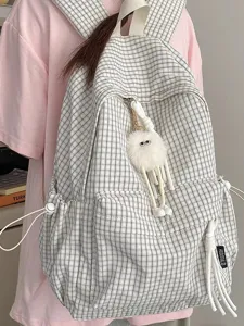 Korean Ins Style Plaid Backpack For Women Girls Large Capacity Lightweight Laptop Backpack For High School Students Daily Casual Travel Bag With Plush Pendant