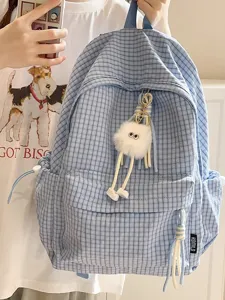Korean style blue plaid backpack for school and daily casual use with cute plush keychain