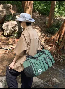 Large capacity men travel duffel bag outdoor sports fitness luggage green plaid durable design.
