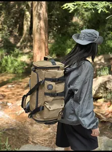 Large capacity outdoor travel backpack in khaki grid pattern, perfect for sports and gym.