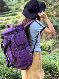 Große violette Karo Reise Duffle Rucksack mit mehreren Taschen für Damen und Herren Outdoor
