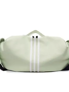 Light green sports duffel bag with three white stripes, large capacity travel fitness bag.