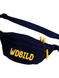 Stylish minimalist navy blue chest bag with yellow letters and adjustable strap for daily wear.