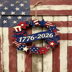 Independence Day wooden wreath hanging sign with stars stripes and 1776-2026 banner details