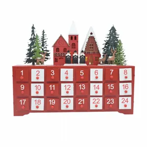 Wooden Christmas advent calendar with 24 drawers, LED lights and festive holiday decor.