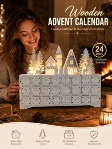 Wooden Christmas advent calendar with 24 drawers, LED lighted festive village design.