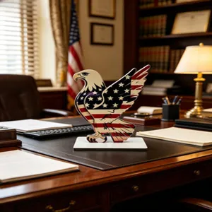 Wooden Bald Eagle Figurine American Flag Tabletop Decor for Independence Day Office