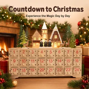 Wooden Christmas advent calendar with 24 drawers and holiday scene decoration details.