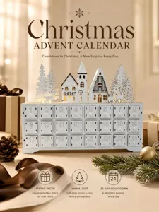 Wooden Christmas Advent calendar featuring 24 drawers and LED lights, festive decor.