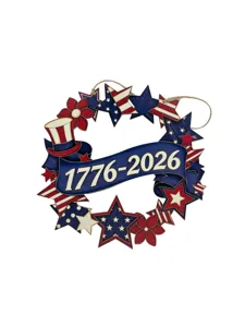Patriotic 4th of July wooden hanging sign with stars, stripes, and 1776-2026 text detail.