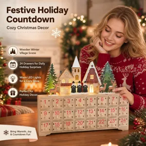Wooden Christmas advent calendar with 24 drawers and warm LED lights for holiday decor.