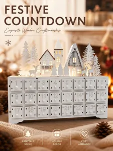 Wooden Christmas Advent Calendar with 24 Drawers LED Lights Holiday Festive Countdown Decor
