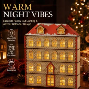 Wooden Christmas advent calendar house with warm LED lights for holiday home desktop decor.