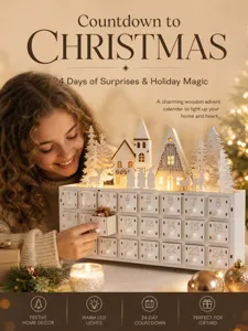 Wooden Christmas advent calendar with 24 drawers, LED lights and German village scene decor.