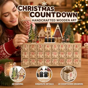 Wooden Christmas advent calendar with 24 countdown drawers and 3D holiday decorations.