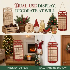 Wooden Christmas advent calendar sled design, 24 days countdown digital drawer decor.