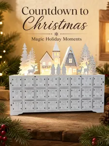 Wooden Christmas advent calendar with 24 drawers, LED lights, and festive village scene.