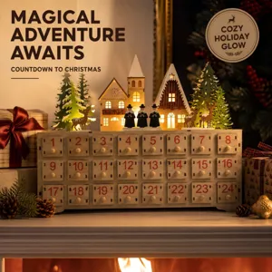 Wooden Christmas advent calendar detail view with 24 numbered drawers and festive holiday decor.