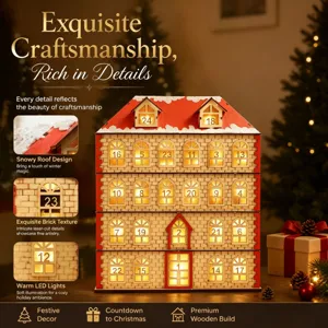 Christmas wooden advent calendar house with LED lights, holiday decor and festive countdown.