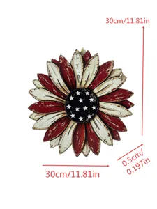 Detail view of Independence Day patriotic sunflower wooden hanging decor with size dimensions.