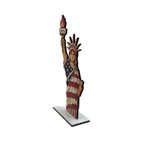Wooden Statue of Liberty desktop ornament with US flag print for holiday decor item.