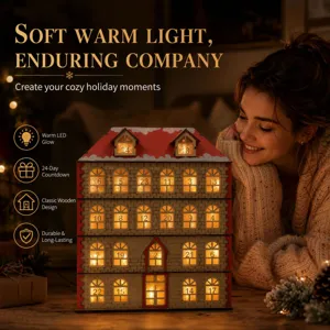 Detailed view of wooden Christmas advent calendar house with warm LED lights and 24 countdown windows.