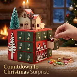 Wooden Christmas advent calendar box with drawers and miniature house decor for holiday decoration