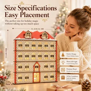 Wooden Christmas advent calendar house with LED lights, 24-day countdown holiday decor.