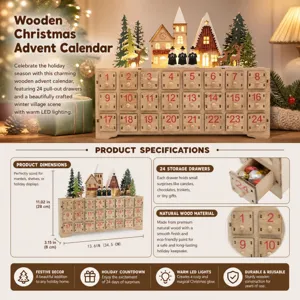 Wooden Christmas advent calendar with 24 drawers and LED lights for holiday decor.