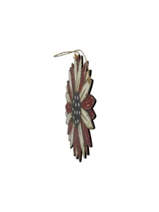 Close up detail of the 2D wooden hanging sign featuring American patriotic stars and stripes.