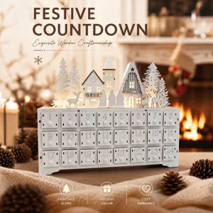 Wooden Christmas advent calendar with 24 drawers, LED illuminated German village design.