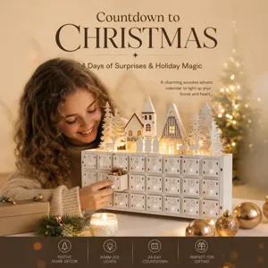 Wooden Christmas advent calendar with 24 numbered drawers and LED lights for holiday home decor.