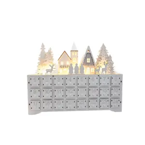 Wooden Christmas Advent Calendar 24 Drawers LED Light German Village Countdown Decor