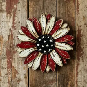 Independence Day patriotic floral wall hanging with red white stripes and blue star center
