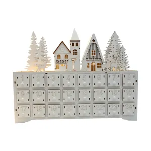 Wooden Christmas advent calendar with 24 drawers, white holiday countdown decoration with village.