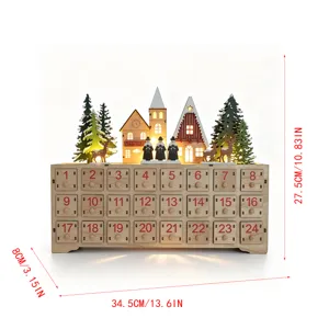 Wooden Christmas advent calendar with 24 numbered drawers and glowing village scene decor.