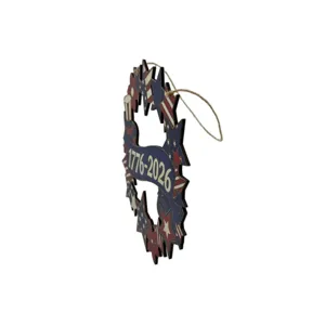 US Independence Day wooden hanging sign with stars and stripes design, festive door decor.